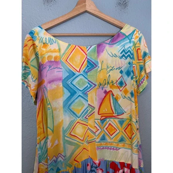 Vintage Jams World Hattie Sailboat Geometric Floral Dropwaist Dress Mini Medium - Picture 6 of 8